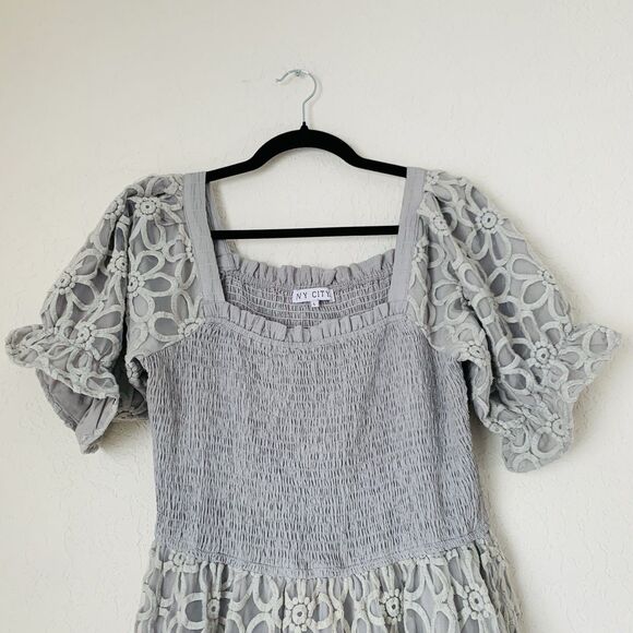 Ivy City Dress Women L Gray Floral Smocked Midi Puff Sleeve Mommy Cottage Boho - Picture 6 of 13